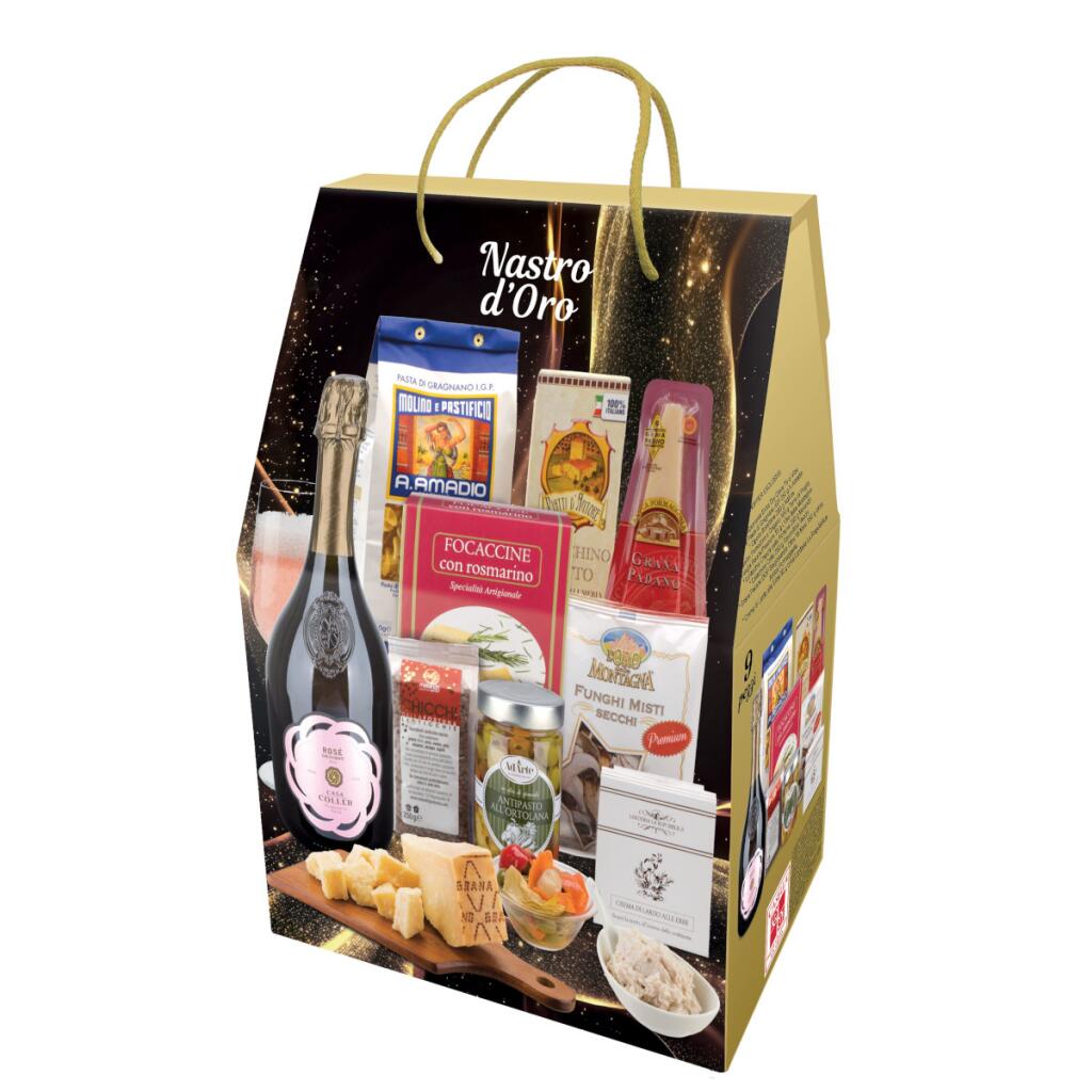 Cesto Natale Cuspide Nastro d'Oro 9pz Casella