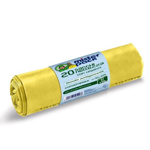 Sacchi nettezza 110L condominiale giallo tras.70x105xm con legacci e fondo antigoccia Misterpack