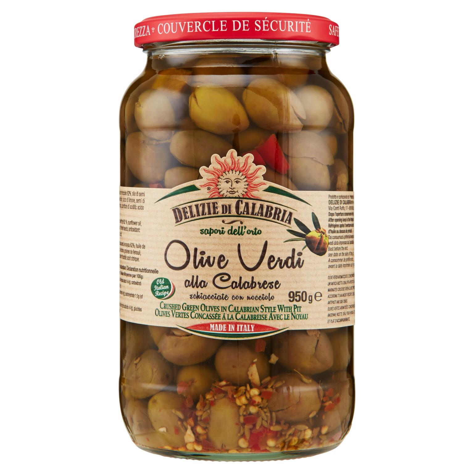 Olive verdi schiacciate con nocciolo in olio di semi di girasole 950g Delizie di Calabria