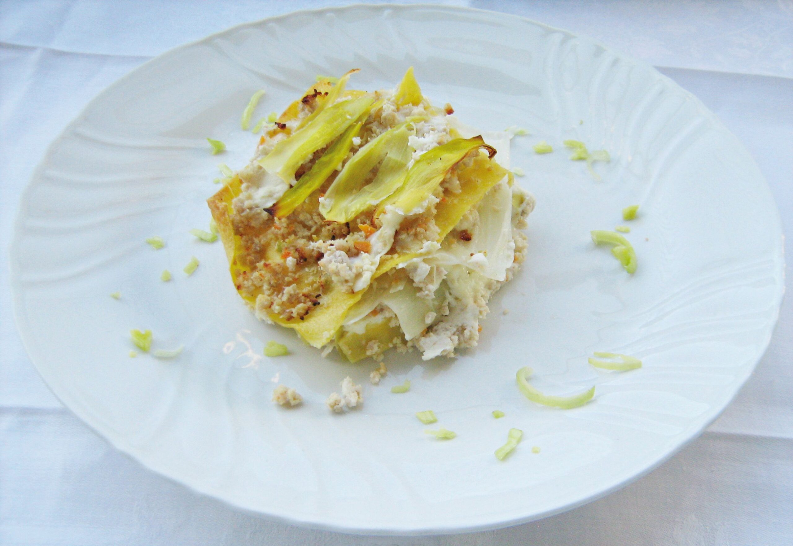 Lasagnetta ai porri, zola e noci