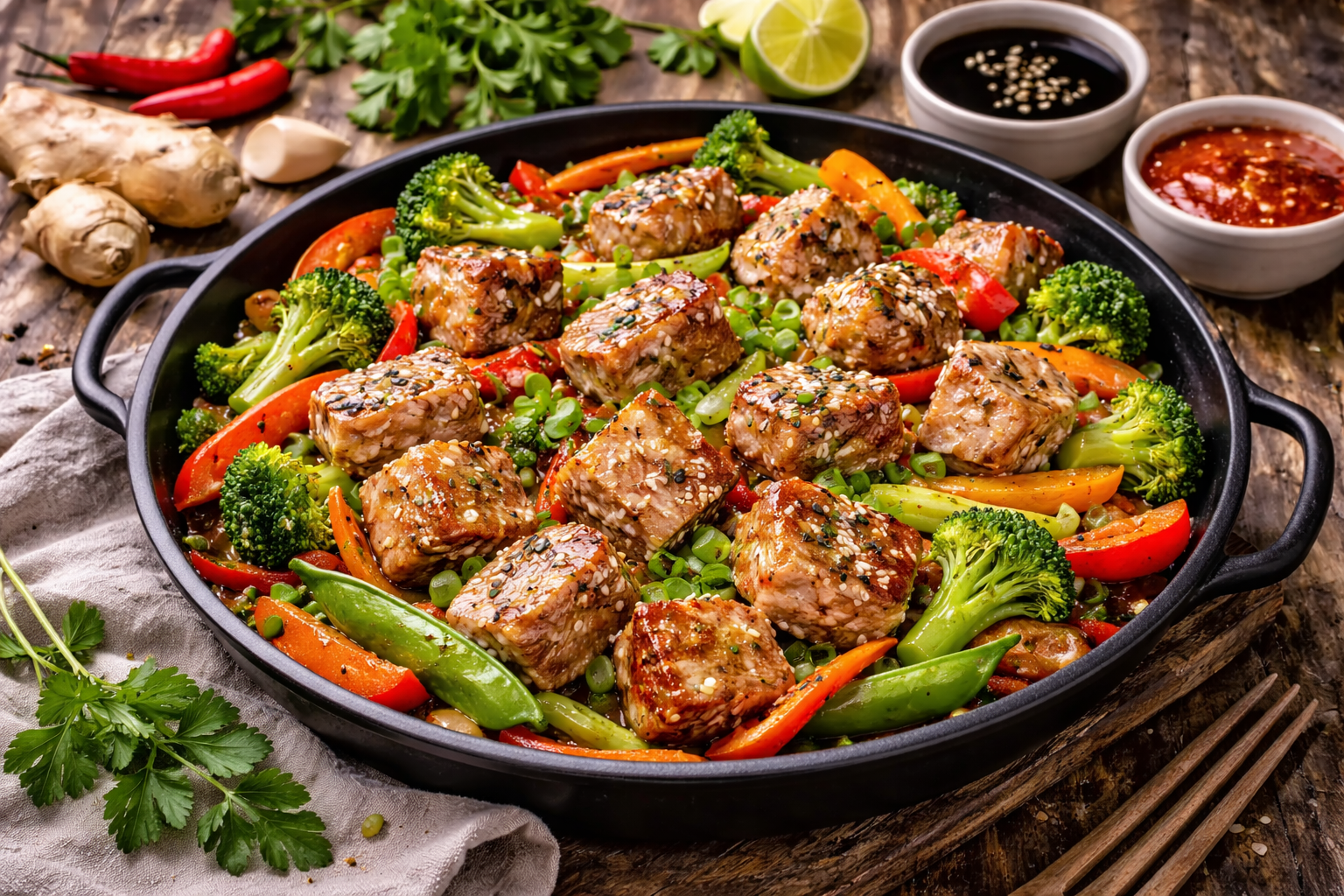 Bocconcini di tonno alla soia e verdure croccanti