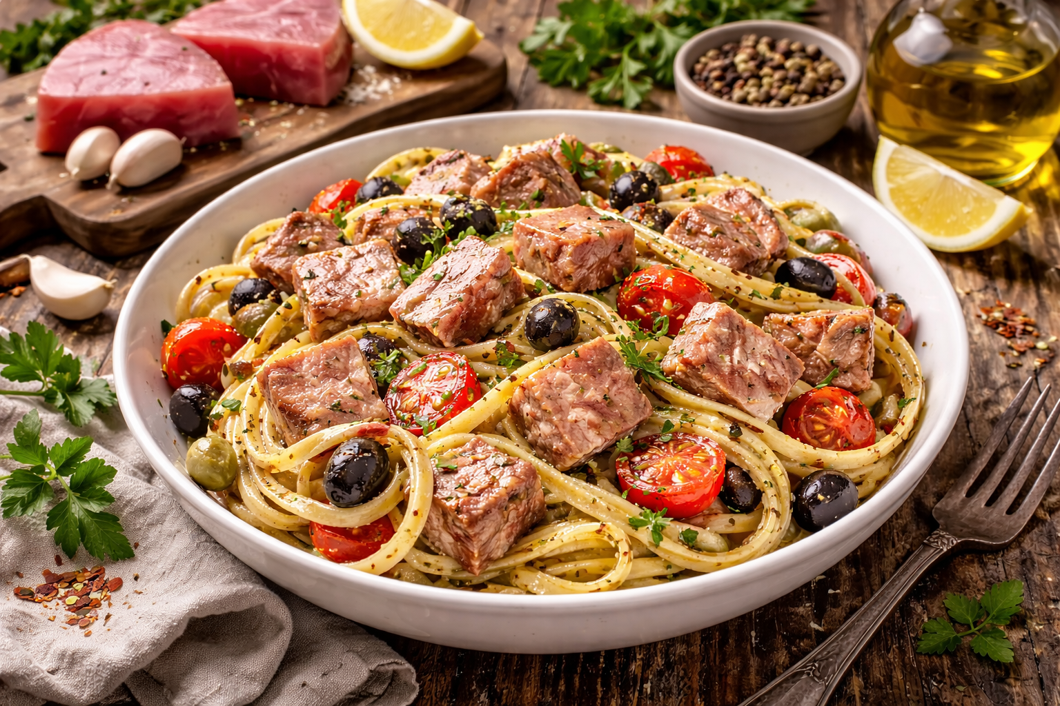Pasta con tonno fresco