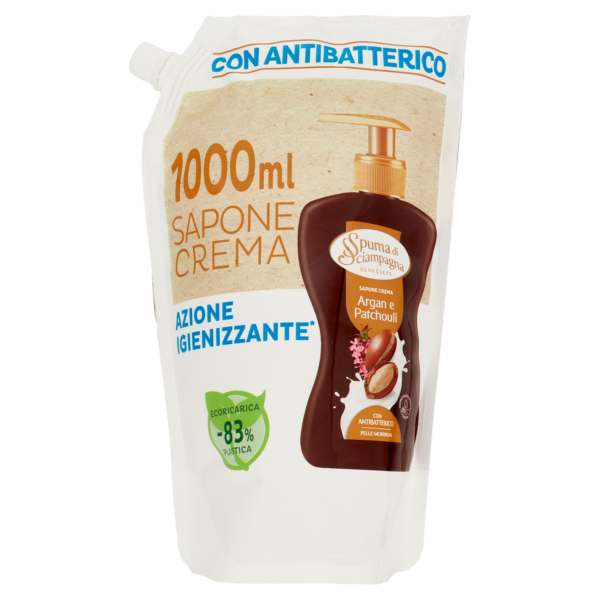 Sapone Liquido 1l Argan e Patchouli azione igienizzante Ecoricarica Spuma di Sciampagna