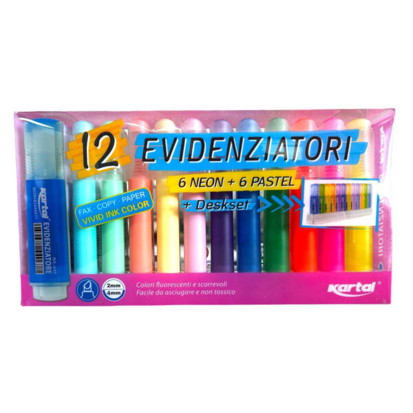 12 evidenziatori piatti, 6 colori neon e 6 colori pastello